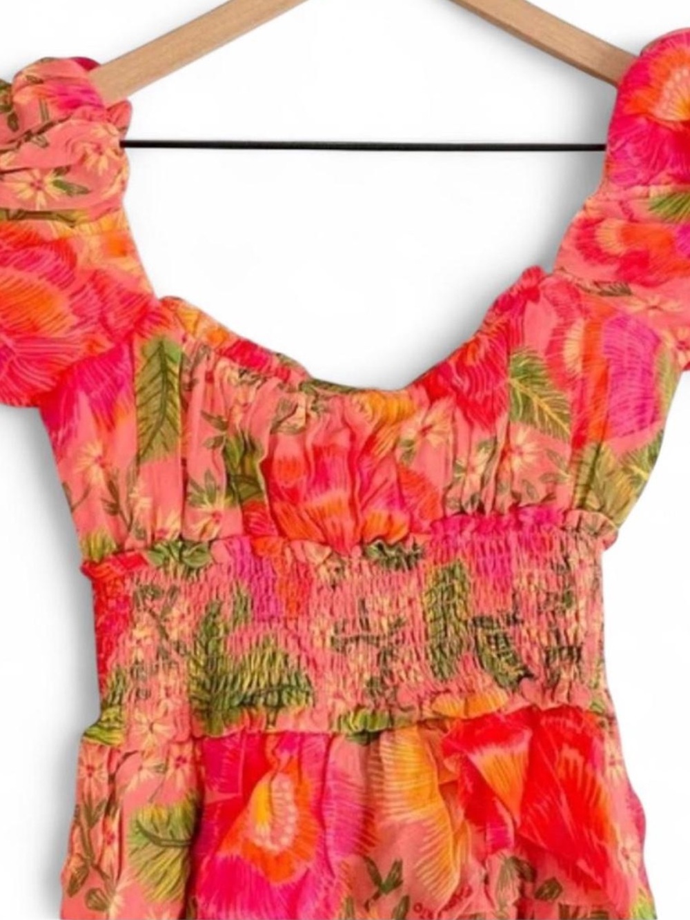 FARM Rio Blooming Floral Maxi Dress, Vibrant Coral, Front Slit, Smocked Bodice M - Picture 7 of 8
